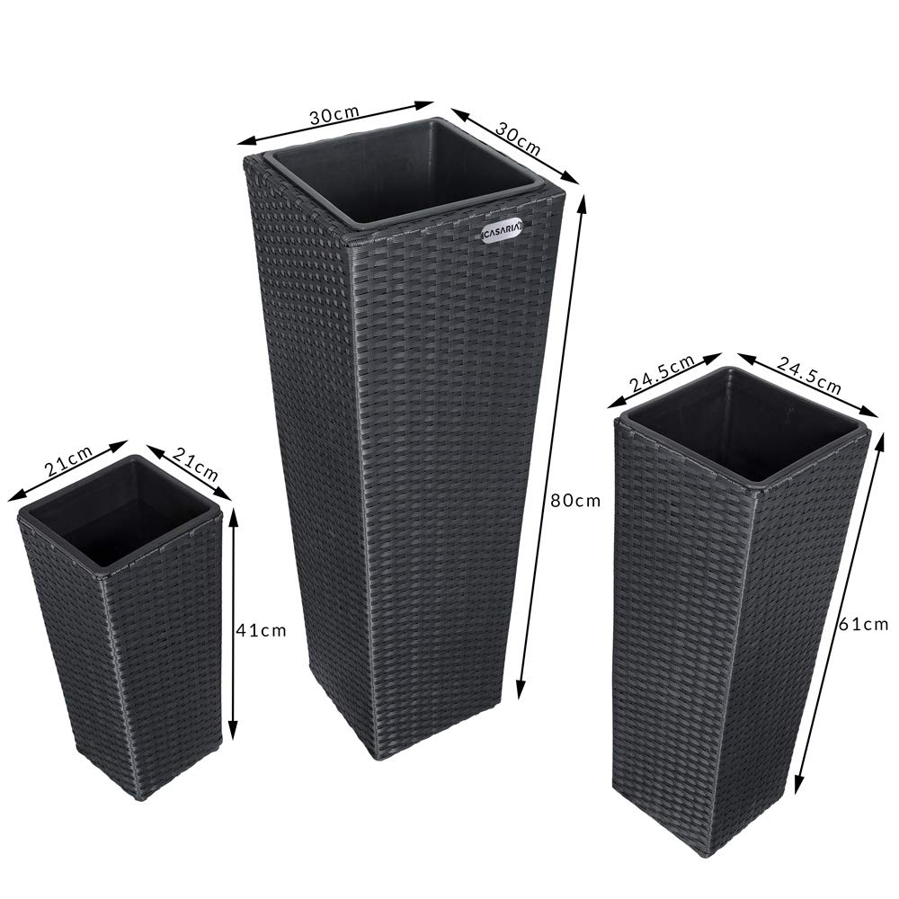 Casaria Set de 3 Pots de Fleurs polyrotin Noir Cache-Pot Pot intérieur évacuation Eau extérieur intérieur bac à Fleurs jardinière
