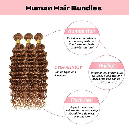 KODRHAR Light Brown Human Hair Bundles 16 18 20 Inch Brown Deep Wave Bundels Human Hair Brazilian Remy Hair Bundles Wet And Wavy Hair Extension Color 30 — view 2