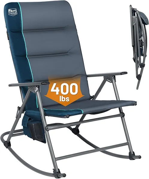 Timber Ridge Oversized Folding Rocking Camping Chair, Padded Outdoor Rocker with High Back, Portable Outdoor Chair for Patio, Garden, Lawn, Supports up to 400 lbs, Blue