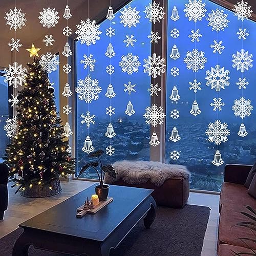 Image of 40Ft White Snowflakes Bell Garland Glitter Paper Big Snowflakes Hanging Streamer Backdrop for Winter Wonderland Christmas Holiday Birthday Home Window Wall Room Decor