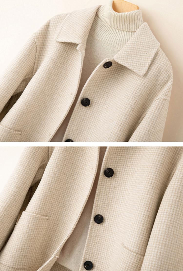 chouyatou Women's Elegant Houndstooth Plaid Cropped Wool Coat Casual Single Breasted Trench Pea Coat with Pockets - Image 2