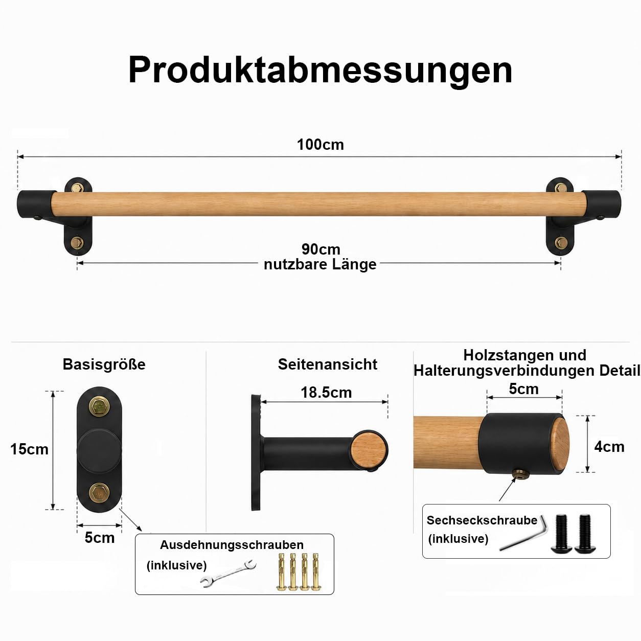Klimmzugstange Wandmontage aus Holz, 40mm Holzgriff aus Buche, Platzsparende Pull Up Bar für Home Gym & Calisthenics, 130kg Belastbar – 100 CM
