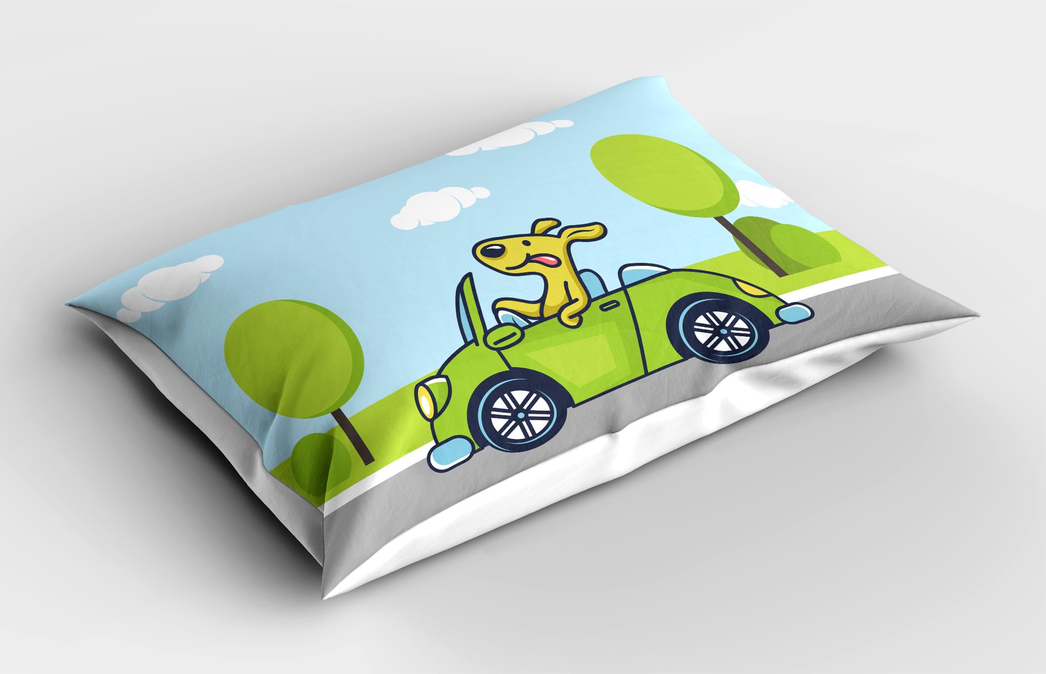 Ambesonne Dog Driver Pillow Sham Set of 2, Puppy on The Road Car Jack Russell Journey Terrier Speed Race Cartoon, Quality Microfiber Bedding Item for All Seasons, 36