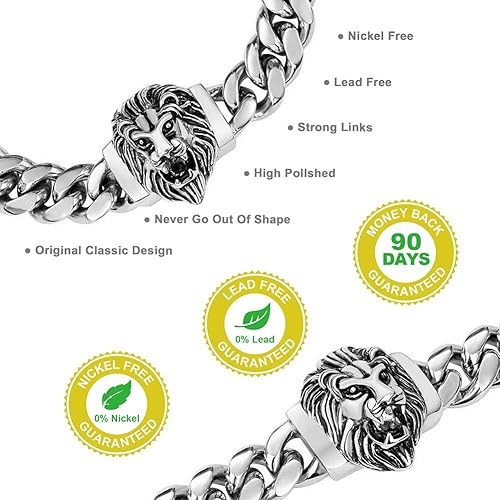 Miniatura 5 de WW Lifetime Cadena de eslabones cubanos para hombre gargantilla de león collar de plata de 180in 200in y pulsera de 85in 0551in de acero inoxidable