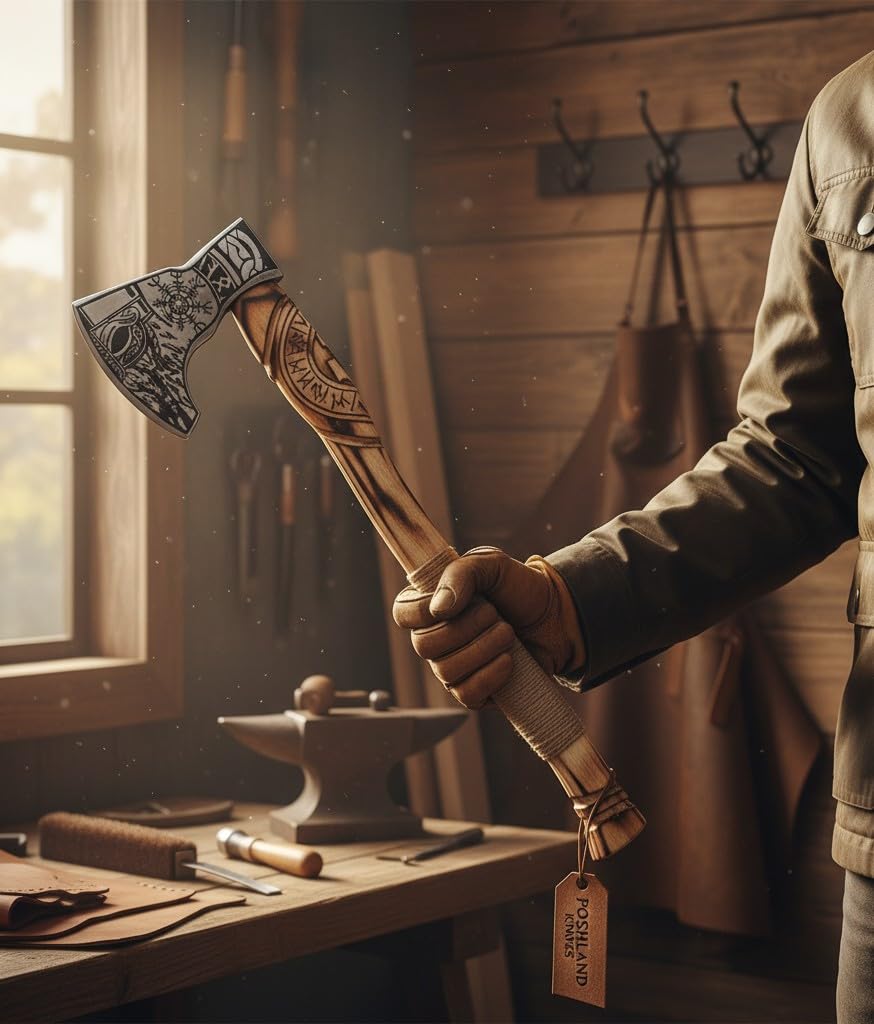 AX-7000 - Hacha vikinga de Acero al Carbono Forjado con Eje de Madera de Rosa, Hacha de Camping Barbuda vikinga