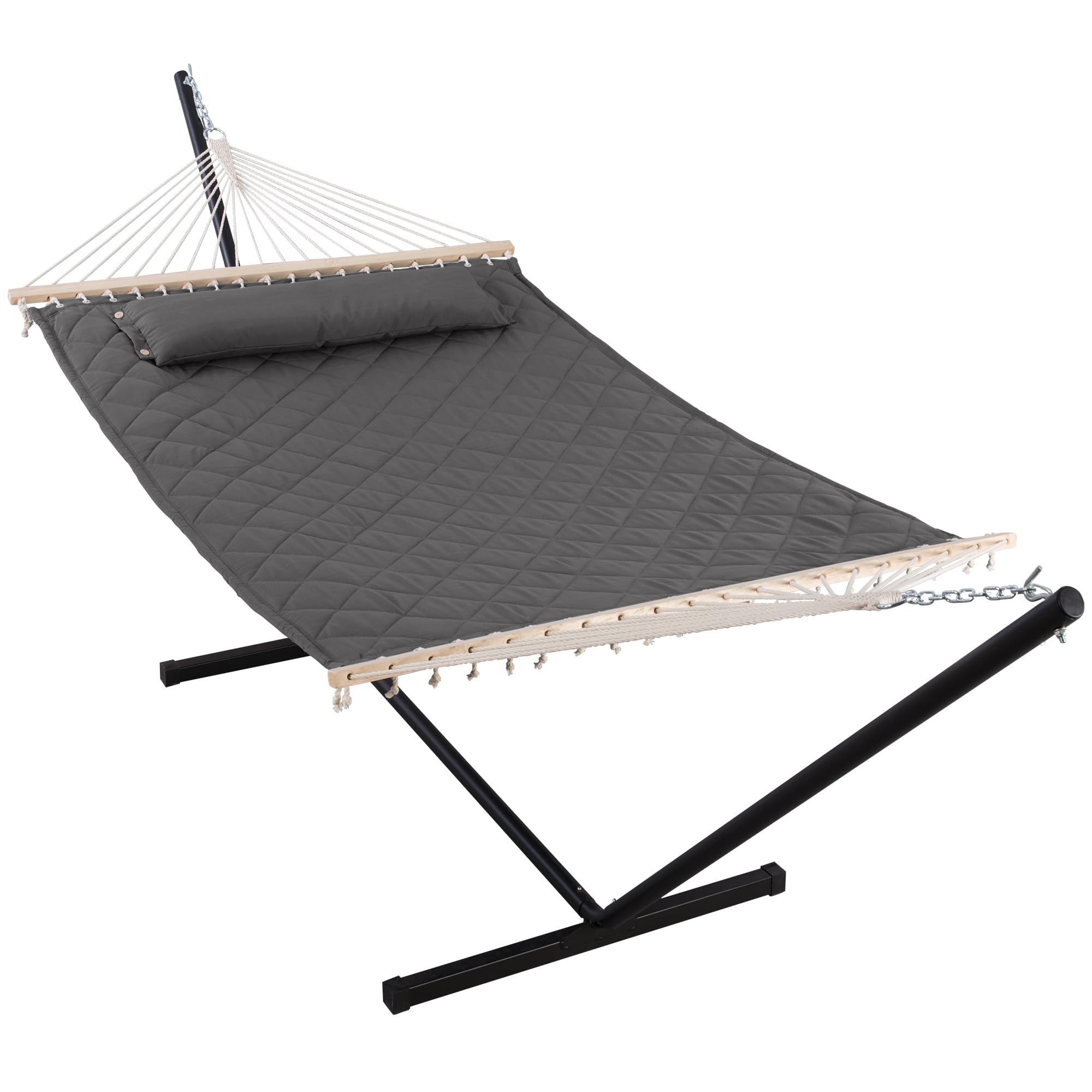 double hammock with 12ft heavy duty steel stand included, 2 person hammock with stand for outdoors, 450 lbs weight capacity, gray