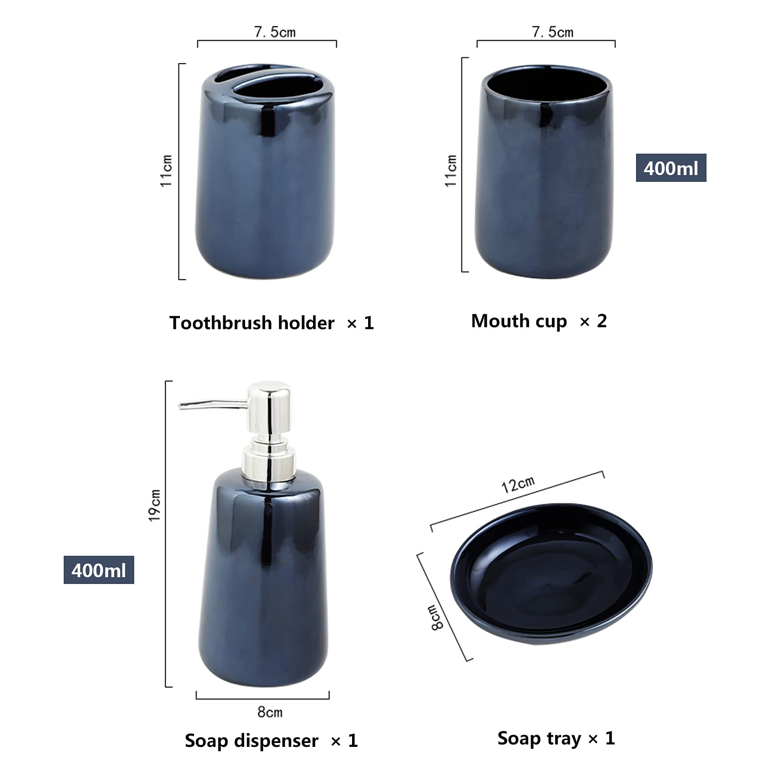 Juego De Accesorios De Baño Moderno De 5 Piezas Accesorios De Baño con Jabonera Dispensador De Jabón Vaso De Cepillo De Dientes Portacepillos De Dientes Cerámica Reflectante,Azul