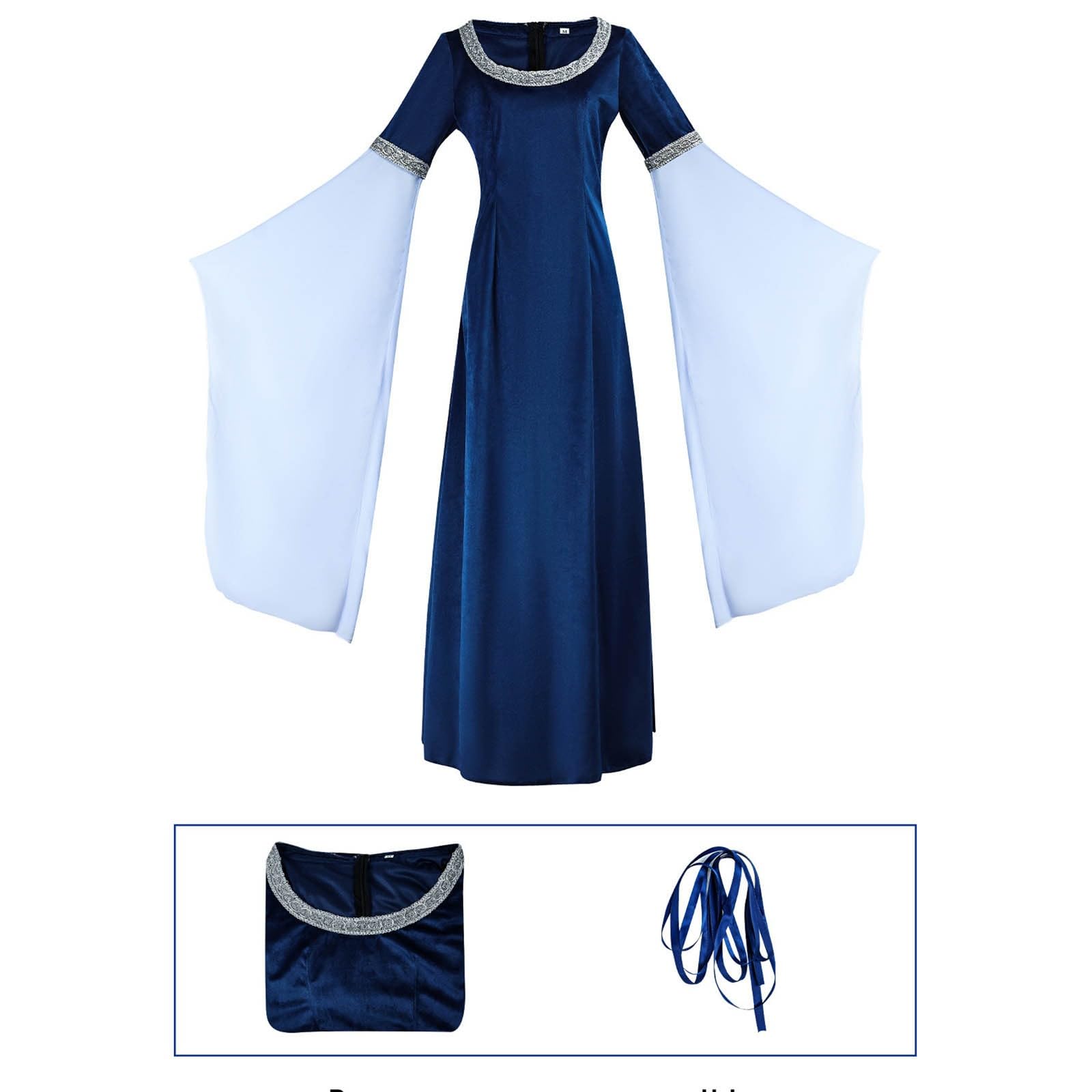 Generisch Vestido medieval de terciopelo para mujer, vestido de noche de terciopelo, vestido histórico, retro, vestido largo elegante renacentista, con mangas de gasa y cordones, vestido de fiesta