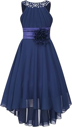 Kids Big Girl Sleeveless 3D Flower Chiffon Bridesmaid Dress High Low Hem Formal Wedding Dress