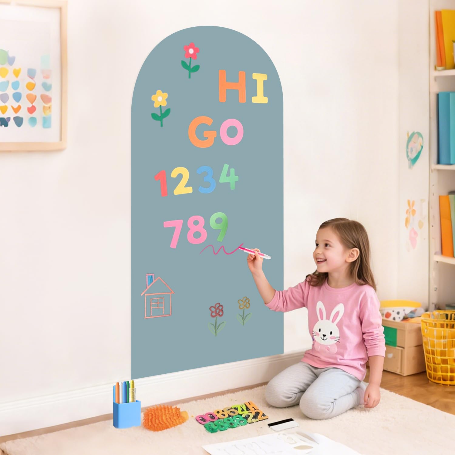FUHSY Arch Magnet Wall Decal 100x45CM, Lake Blue Magnetic Chalkboard Board with Multiple Accessories, Strong Self Adhesive Magnet Wall Drawing Learning Board Sticker for Home Decor Playroom Classroom