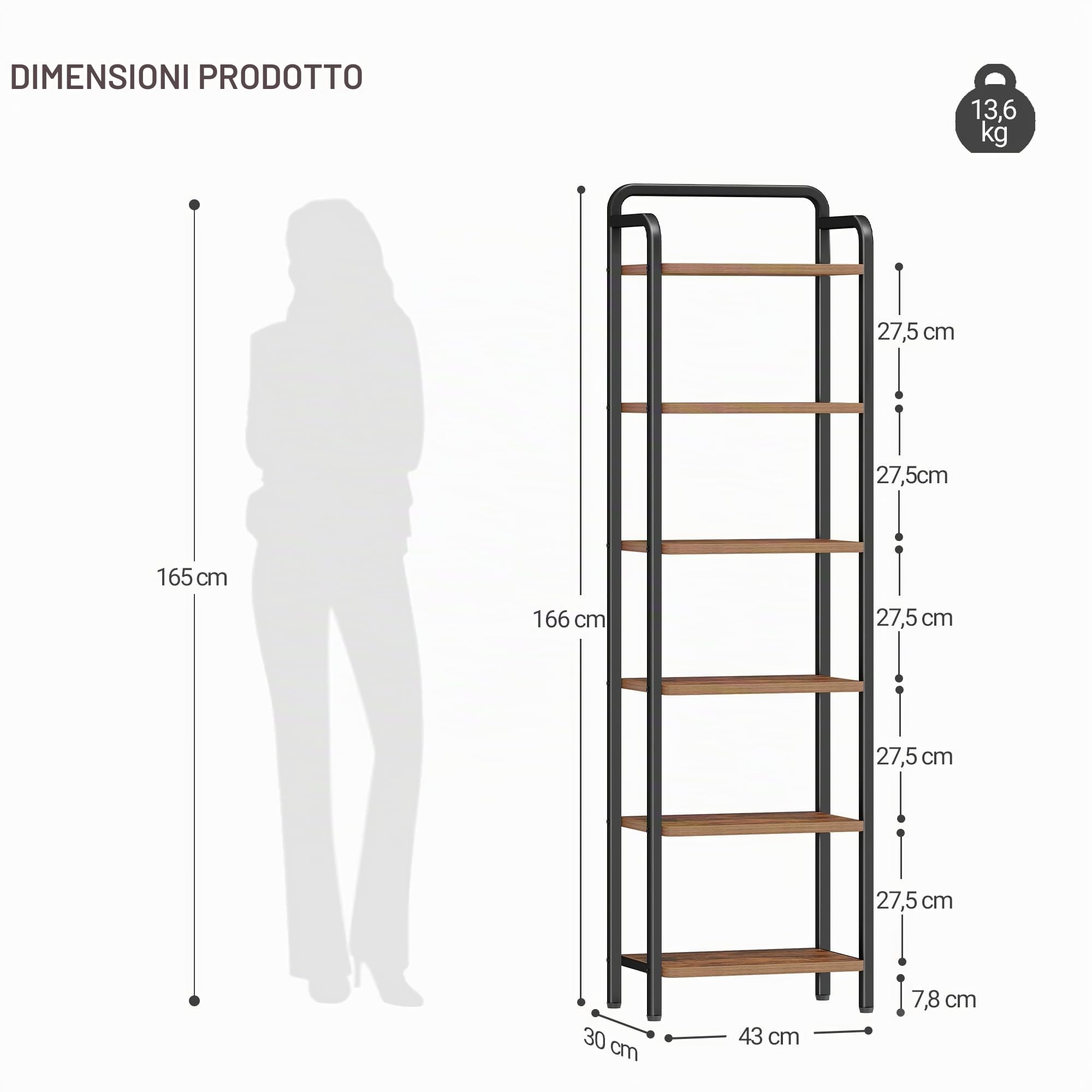 Hzuaneri Scaffale a 6 Ripiani, Libreria, Scaffale Stretto per Libri, Mensola D'angolo Industriale, Mensola Sottile per Ufficio, Soggiorno, Camera da Letto, Cucina, Marrone Vintage e Nero BC44601B
