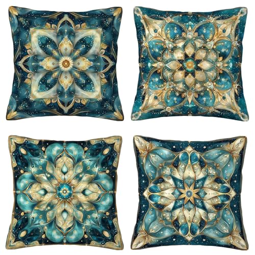 Funda Cojin 50x50 cm Fundas Cojines Turquesa Juego de 4 Boho Cushion Covers Terciopelo Suave y Transpirables, Cushion Covers Cuadrado con Cremallera Oculta Impresión a Doble Cara Decor Regalos T-4