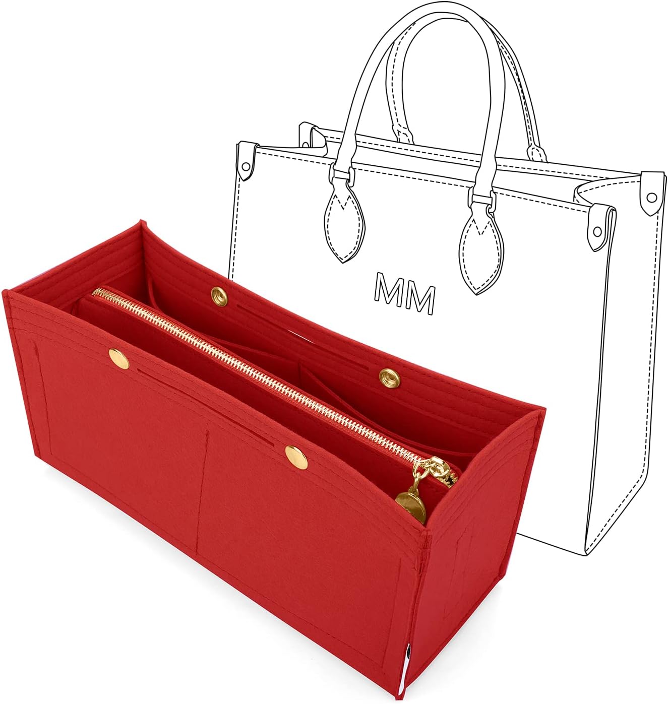 LEXSIONLEXSION Felt Purse Organizer Insert,Handbag Organizer with Detachalbe Zipper Pocket for ONTHEGO MM,3 Size 8034 Red Medium