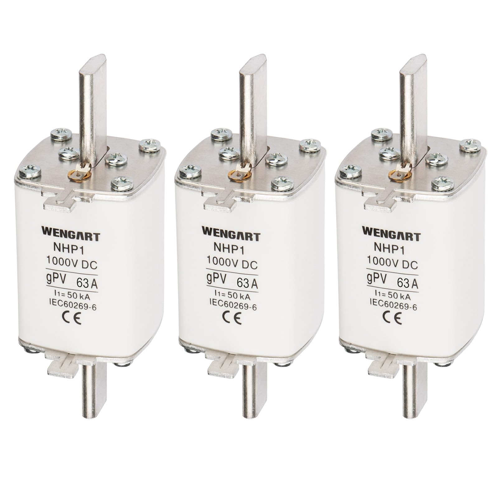 Wengart 3 Pezzi Fusibile DC NH1 gPV 63A 1000V, Protezione Fotovoltaica a Coltello per Inverter e Batterie, Potere di Interruzione 50kA, Classe gPV per Impianti Solari, NHP1