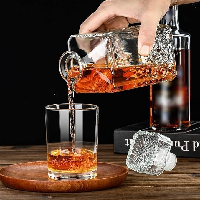Image of WEZOSHINET 1 Litre Whiskey Bottle Decanter for Whisky Scotch, Liquor, Vodka, Wine or Bourbon | Irish Cut | Food Grade Bpa Free | Airtight Cap with Silicon Grip (1000 ML Wine Decanter) - Glass