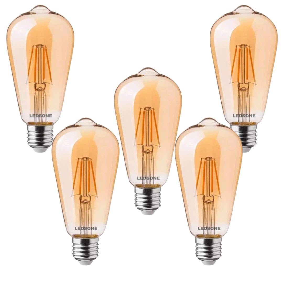 LEDSone Pack 5 | Vintage LED Edison E27 Bulbs, ST64 4W (Equivalent 40W) LED Filament Dimmable Warm White 2700K Amber Glass 450 Lumens Energy Saving Bulb for Squirrel Cage Lamp & Indoor Lighting
