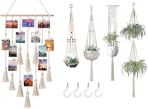 Mkono Expositor de fotos y 4 unidades de macramé para plantas Boho decoración del hogar para apartamento dormitorio, sala de estar dormitorio