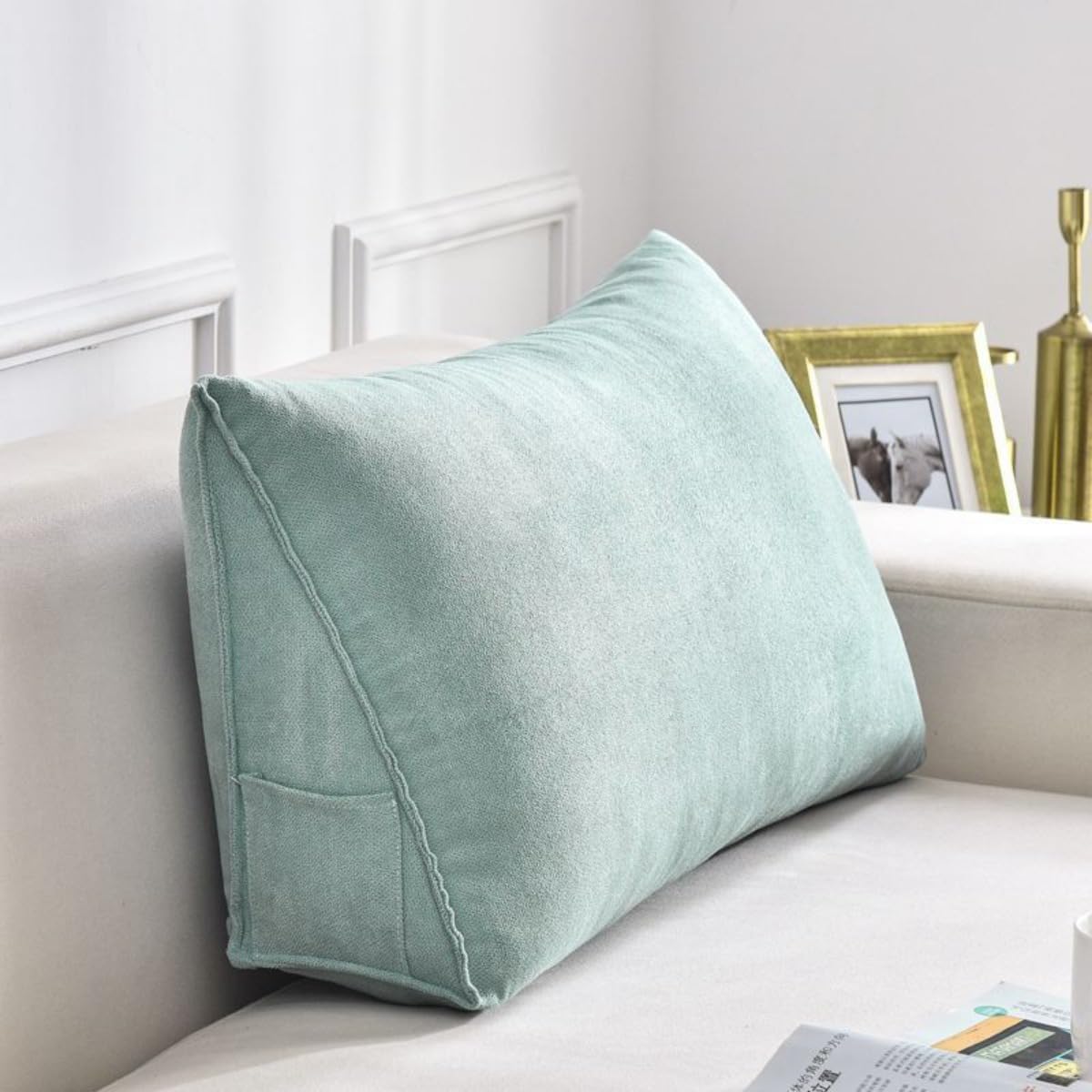 Funda de almohada de apoyo lumbar triangular suave con bolsillo lateral para cama, sofá, protector de cojín, 70 x 35 x 20 cm, color azul, ideal para mayor comodidad y apoyo postural