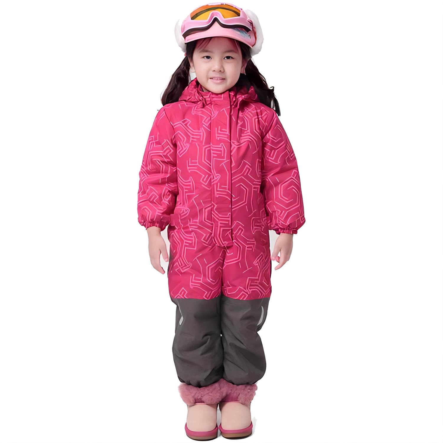 linboo Unisex Kinder Einteiliger Schneeanzüge/Skioverall mit Kapuze Wasserdicht Schneeoverall Verdickte Warm Outdoor Skianzüge Snowboard für Jungen Mädchen