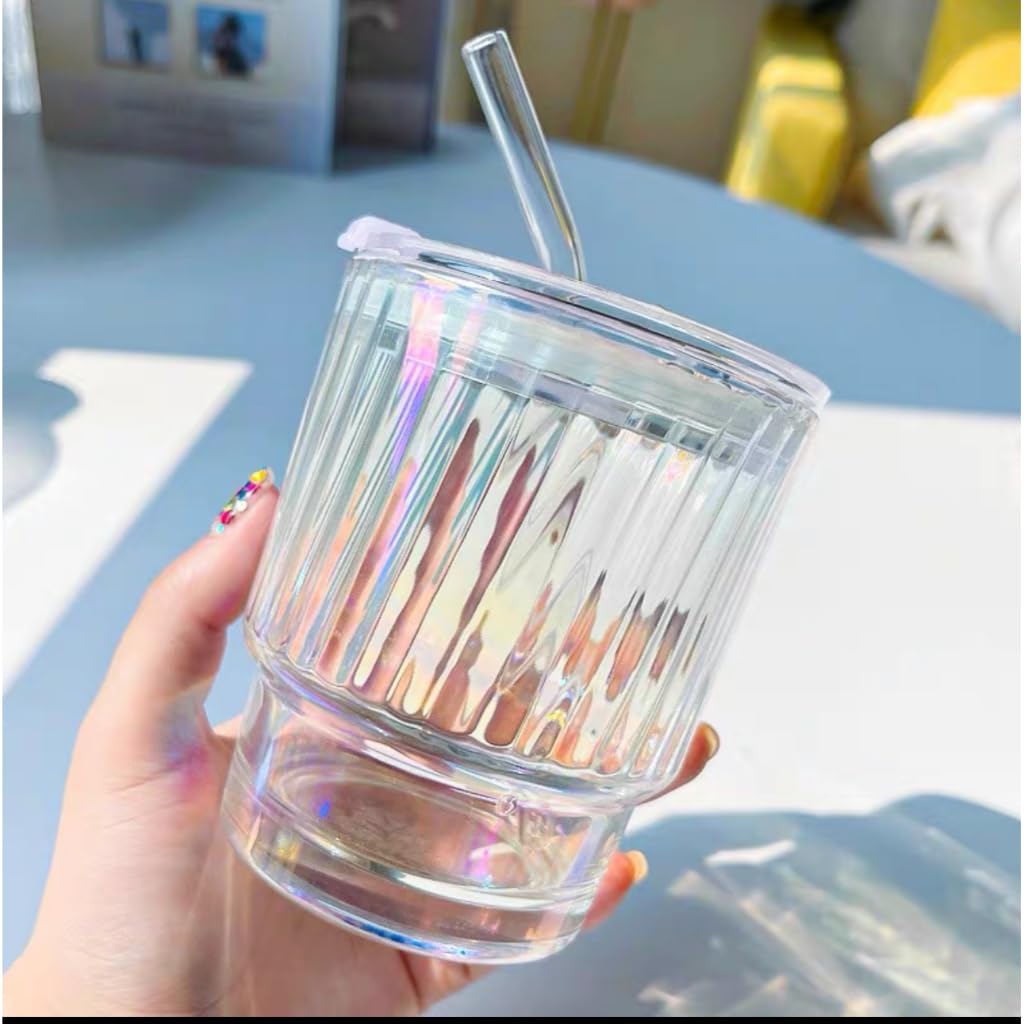 KHOLAD Glass Tumblers with Straws and Lids, Aesthetic Coffee Sipper Mug with Wide Mouth,Rainbow Glass Drinking Mason for Iced Tea, Juice, Cocktail, Cold & Hot Beverages Cups Pack of 1,350ml (Stripe) (B0CST5ZYPK) Amazon Price History, Amazon Price Tracker