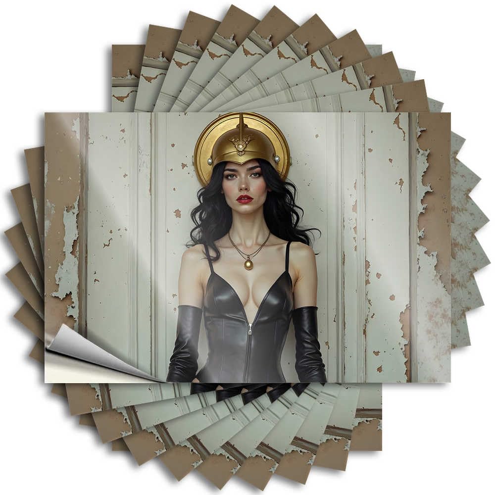 Golden Helmeted Woman in Leather Costume Neutral Bumper | Small Waterproof Vinyl Garage Darts Removable Decal Peel Stick(6X9CM)
