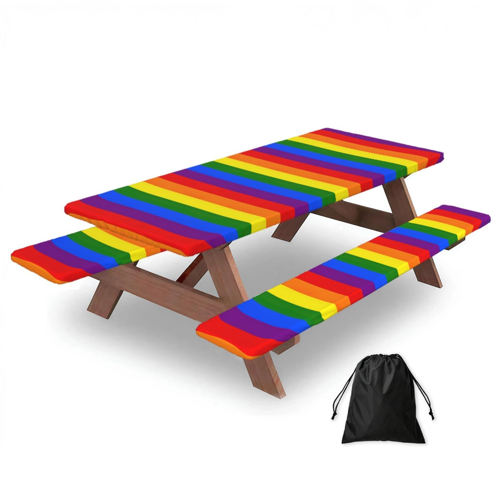 Yqxwjl Black Rainbow Print Camping Essentials Waterproof Camping Table And Bench Cover With Drawstring Bag 183 Cm