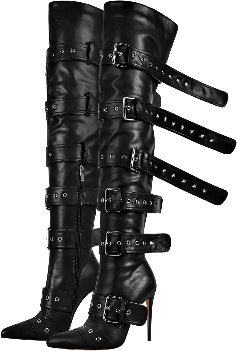 Multi Buckle Strap Over the Knee Pointed Toe Belts Stiletto Heeled Booty Thigh High 14 Black