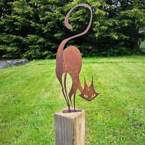 HZBAKLO Decoración de valla de metal para gatos, arte de hierro oxidado, silueta de patio al aire libre para decoración de jardín, decoración de césped, arte de jardín de gatos de metal para amantes