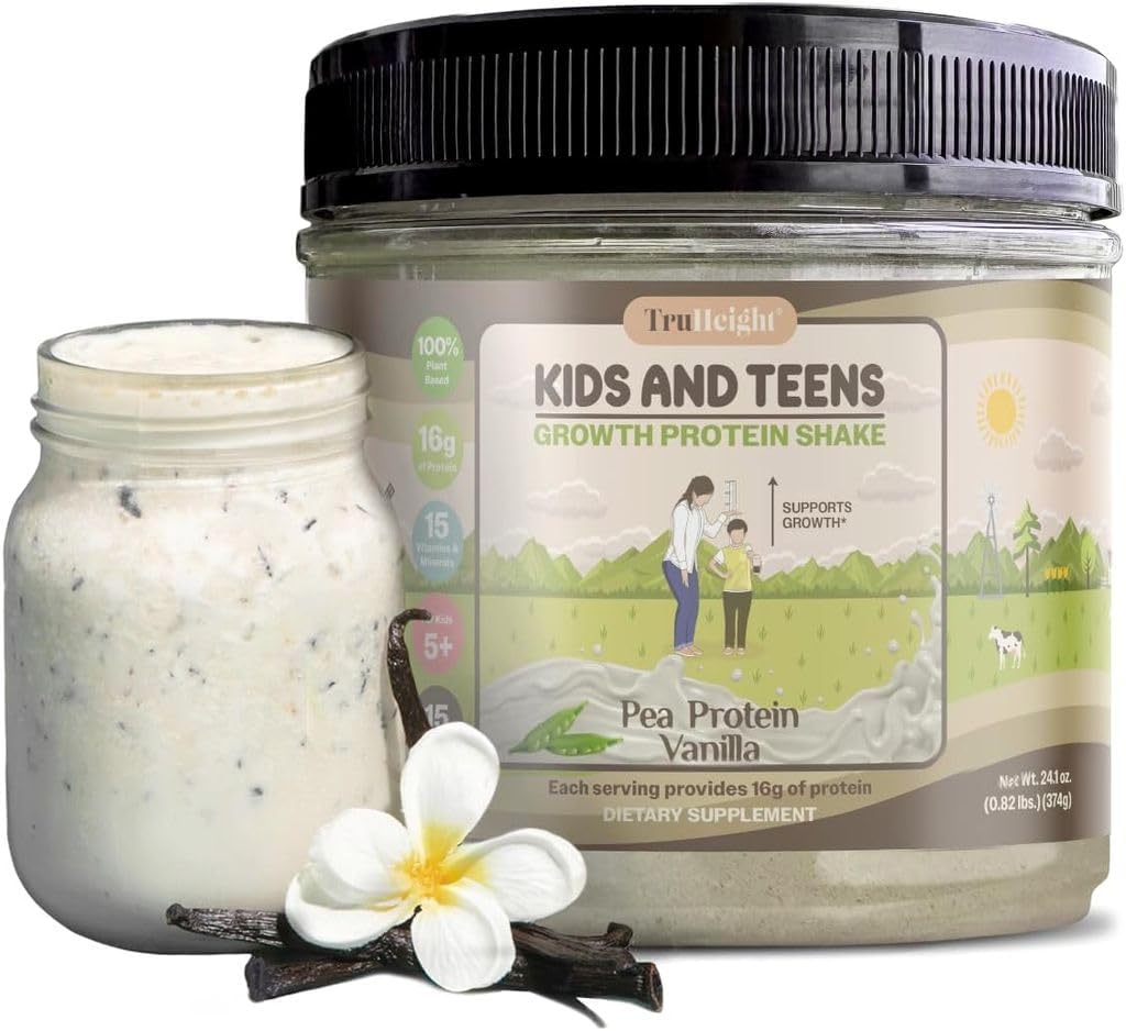 Growth Protein Shake (Vanilla Ice Cream Flavor, Plant) Growth & Development Protein Powder for Kids & Teens - Weight Gain Drinks - Endorsed by Pediatricians, Picky Eater Vitamin, Ages 5+