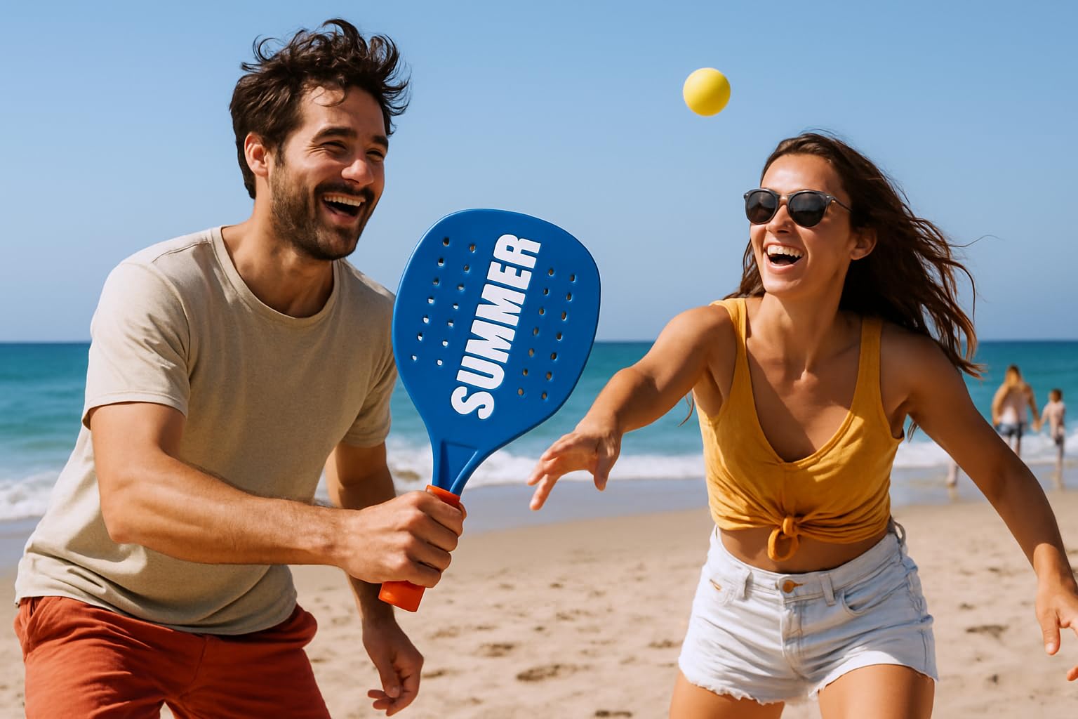 Coppia Racchette da Spiaggia Summer Padel Beach Tennis con Pallina Morbida Set Racchettoni in Legno Mare, Spiaggia e Giardino, Beach Rackets