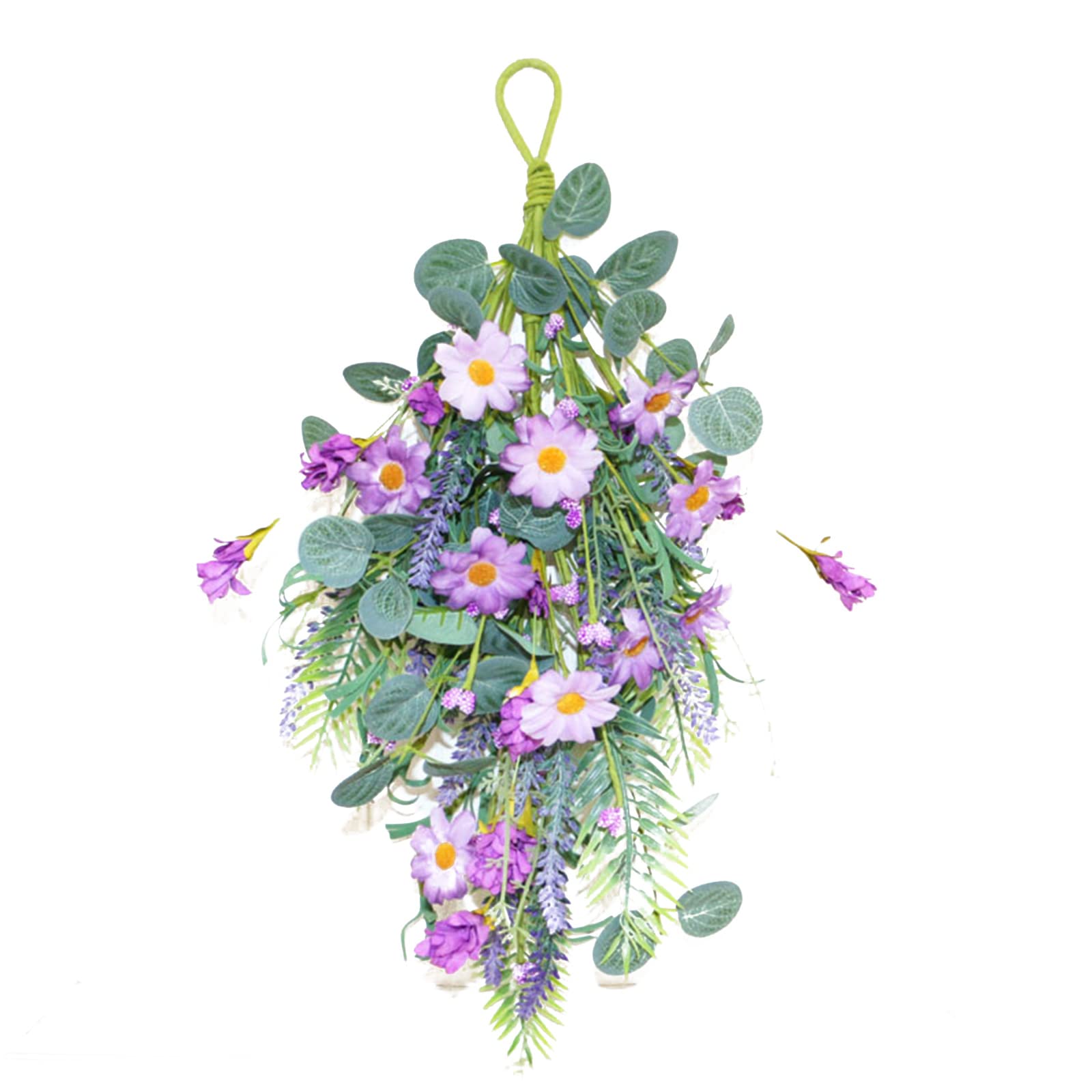 Firlar 19.7 Inch Artificial Daisy Flower Wreath Swag with Lavender and Eucalyptus Leaves, Handmade Daisy Teardrop Swag Front Door Teardrop Garland for