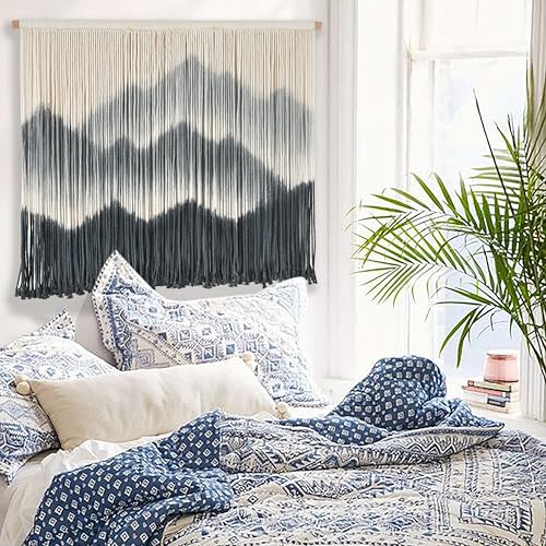 Image of IOWER Macrame Wall Hanging for Bedroom Living Room Black Dip-Dyed Boho Wall Decor Cotton Modern Home Decor27 W x 19 inch L