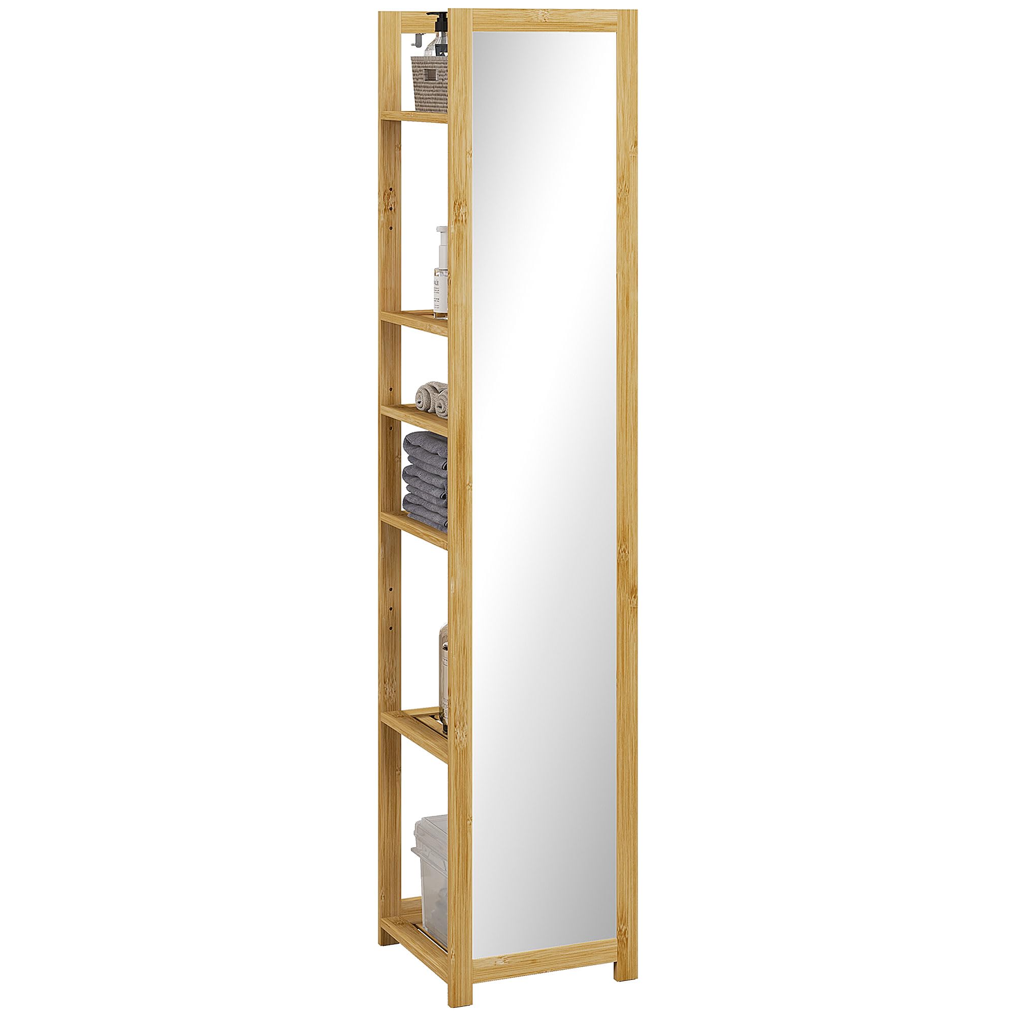 HOMCOM Specchio da Terra con Specchio e 6 Ripiani a Doghe, Mobile Specchiera Bagno in Bambù, 35x35x168cm, Colore Legno