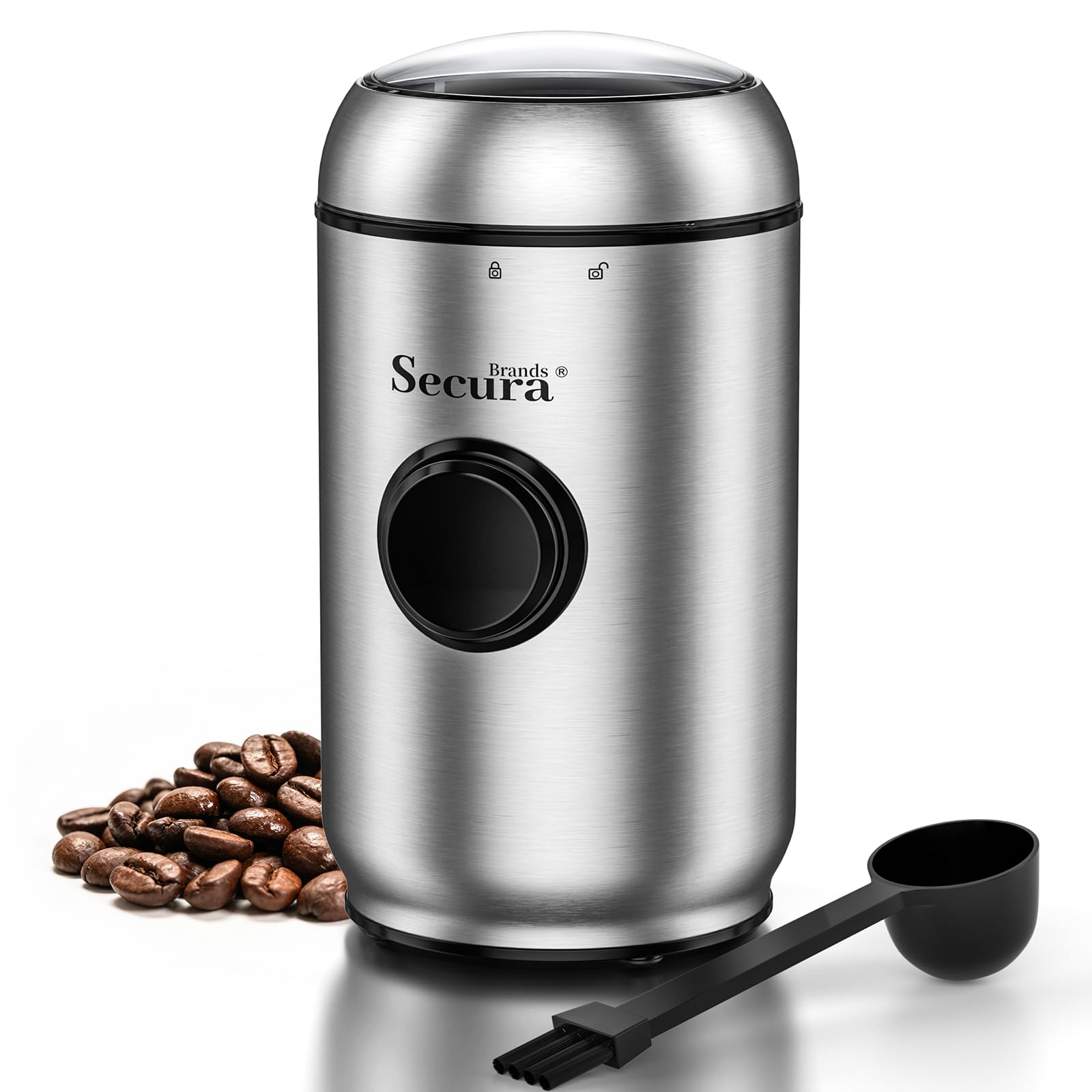 Secura Brands Electric Quiet Coffee Grinder, One-Touch Pulse Control Stainless Steel Coffee Grinder for Beans and Spices & Herbs, Silver