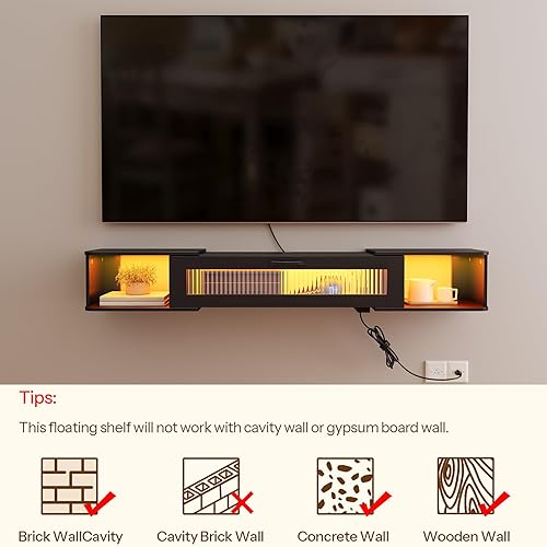 Miniatura 6 de HOOBRO Soporte de TV flotante con toma de corriente de luz LED para televisores de hasta 65 pulgadas, estante de TV montado en la pared, consola