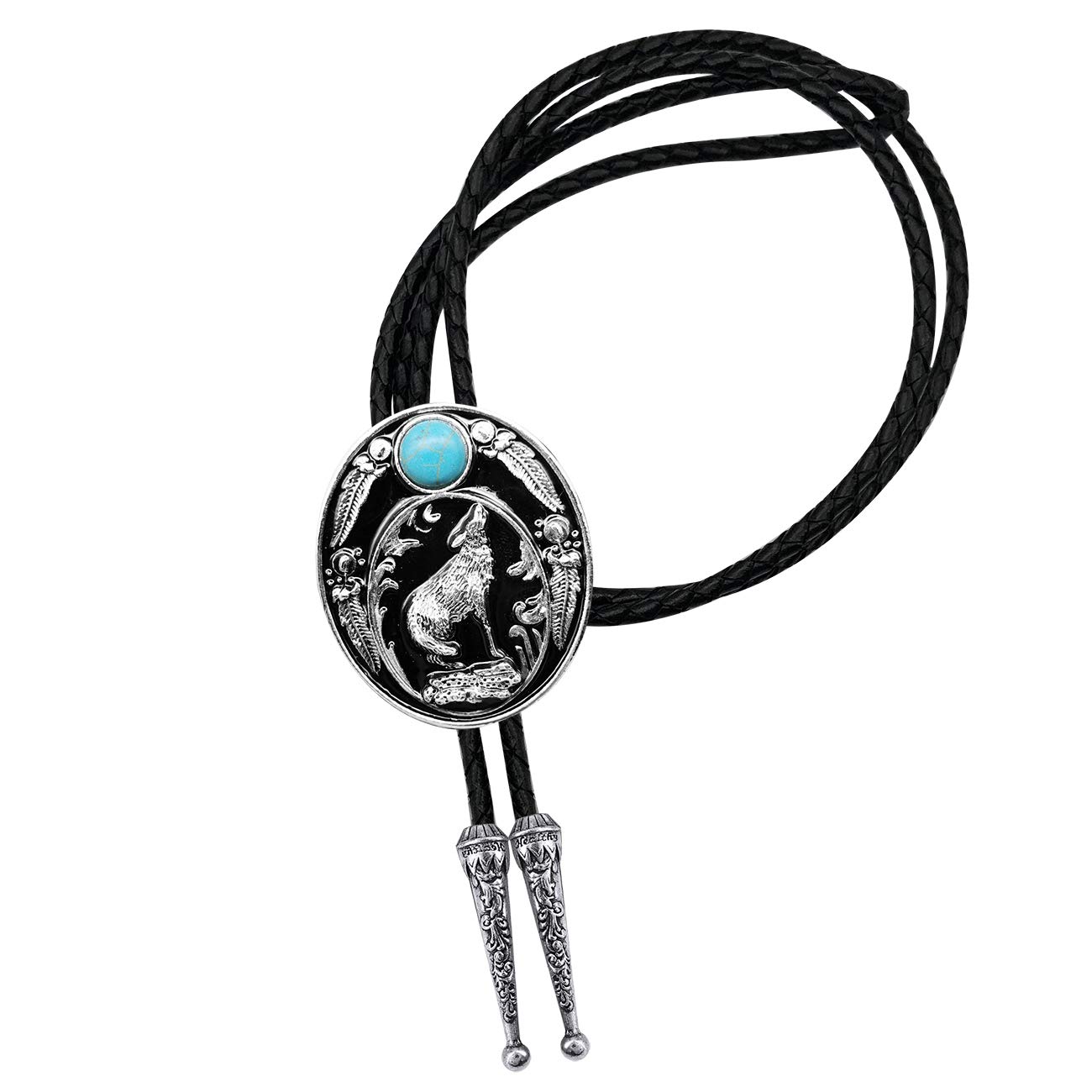 YOQUCOLAmerican Western Natural Turquoise Stone Bolo Tie Arizona Howling Wolf Leaf Hunting Leather Necktie For Men