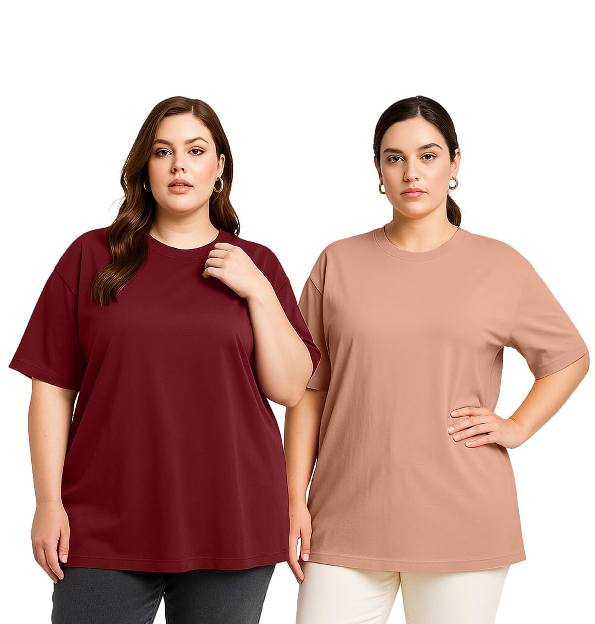 JUNEBERRY 100% czysta bawełna oversize, luźny krój, zakładane ramiona, stały rdzeń, duże rozmiary, damskie koszulki combo, 2 sztuki (rozmiary od 2XL do 5XL)