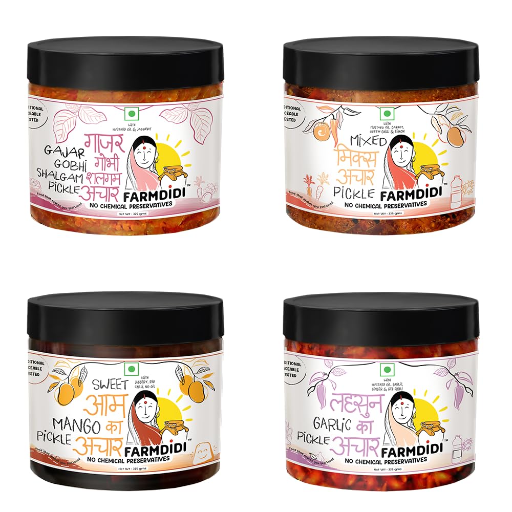 FarmDidi Sweet and Spicy Combo Pack 4x325g | Homemade Gajar Gobhi Shalgam | Mixed Pickle | Sweet Mango Pickles | Lehsun Ka Achaar | Khatha Meetha Achar Combo | No Chemical Preservatives
