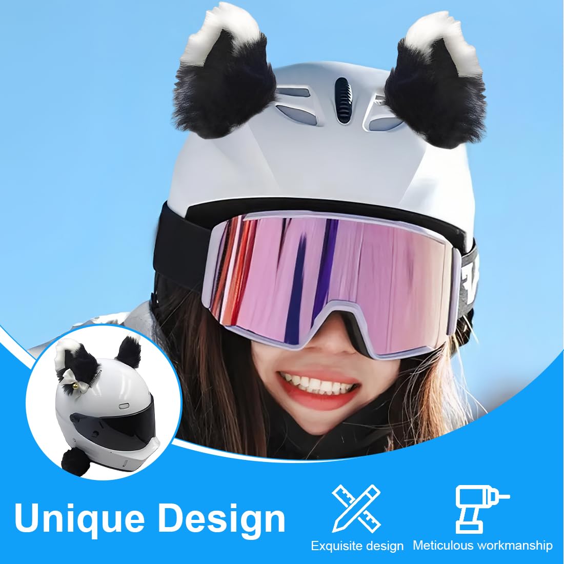 Orecchie cane nere in peluche per casco da sci, casco da snowboard, casco da moto, casco da bicicletta, casco da skateboard, casco da skate