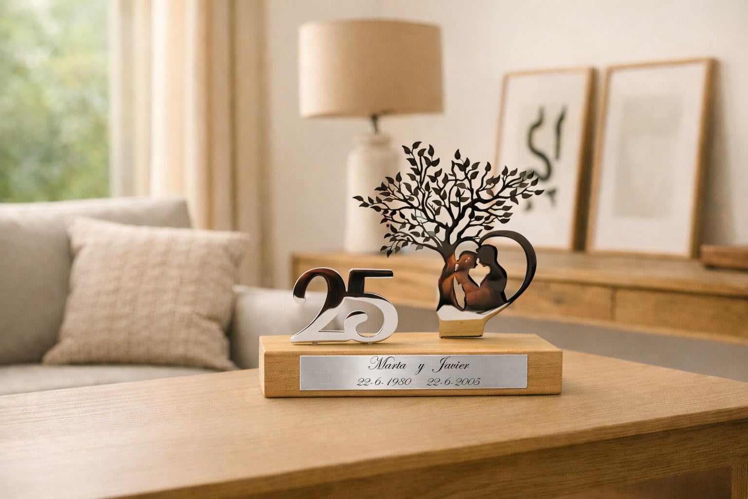 50 Aniversario Bodas Oro -Regalos 25, 50 Aniversario Boda- Figura Decorativa en Acero Inoxidable y Madera de Haya con Estuche de Madera de Lujo- Regalos para Bodas de Oro