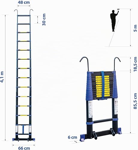 HOSTRÖM TELESCOVA13+, 4,1 m Telescopic Ladder, Aluminum, Foldable, Extendable, Multi-Function, Max Working Height 5 m, Removable Hooks, 5 Year Warranty. - 7