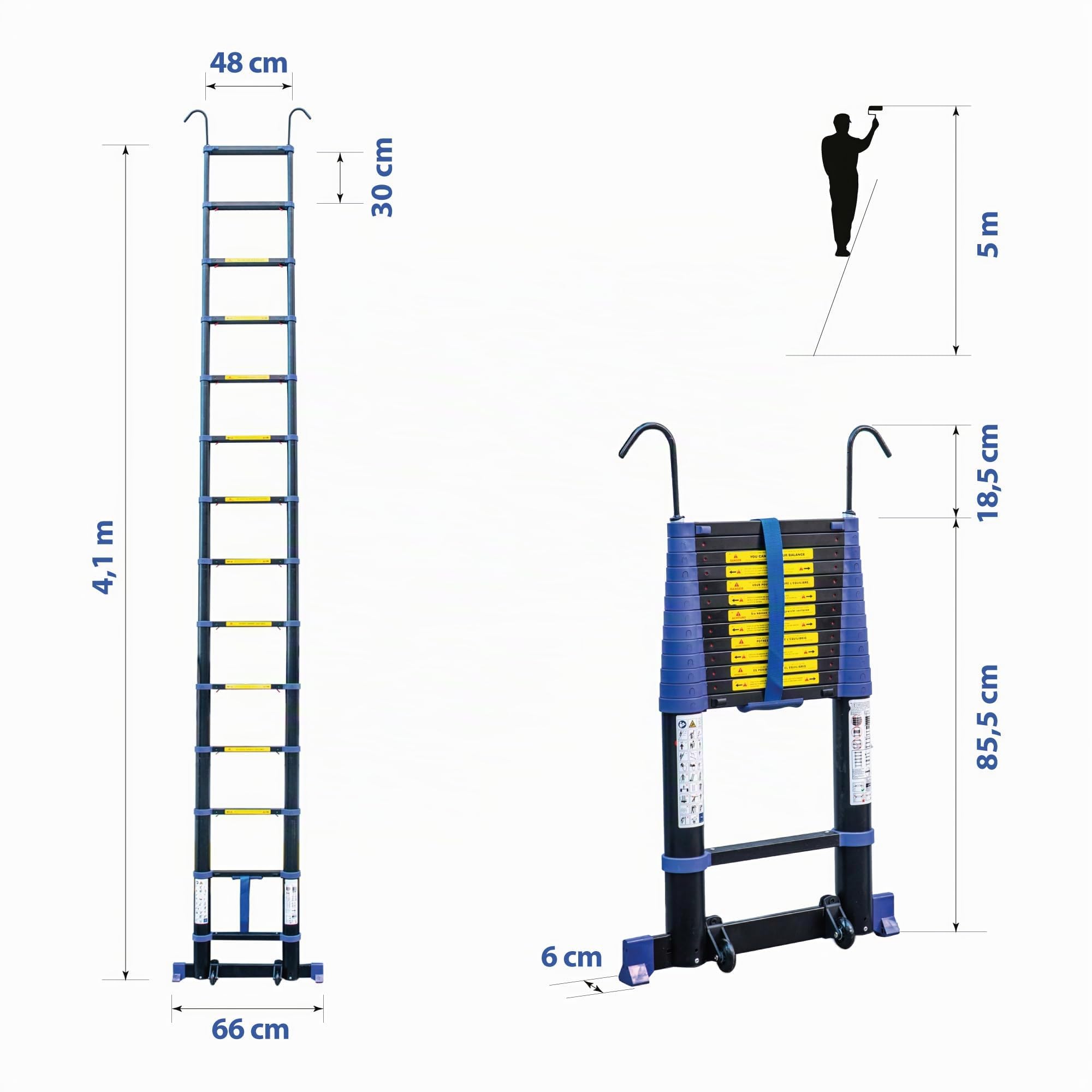 HOSTRÖM Echelle telescopique 4,1m TELESCOVA13+, Aluminium, Pliable, Extensible, Multi-Fonction, H Travail Max 5m, Crochets Amovibles, Garantie 5 Ans