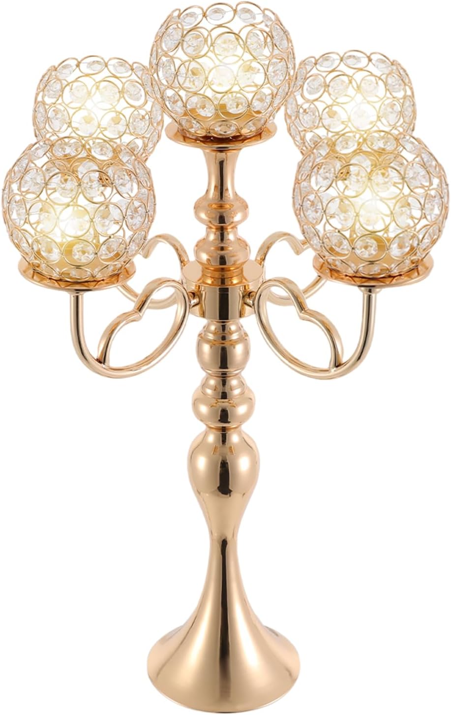 2 Packs 5 Arms Crystal Candelabra Wedding Centerpieces for Tables, candelabros para centros de mesa Set with Chandelier Crystal Beaded Anniversary Dinner Party (Gold, 21.5" Tall)