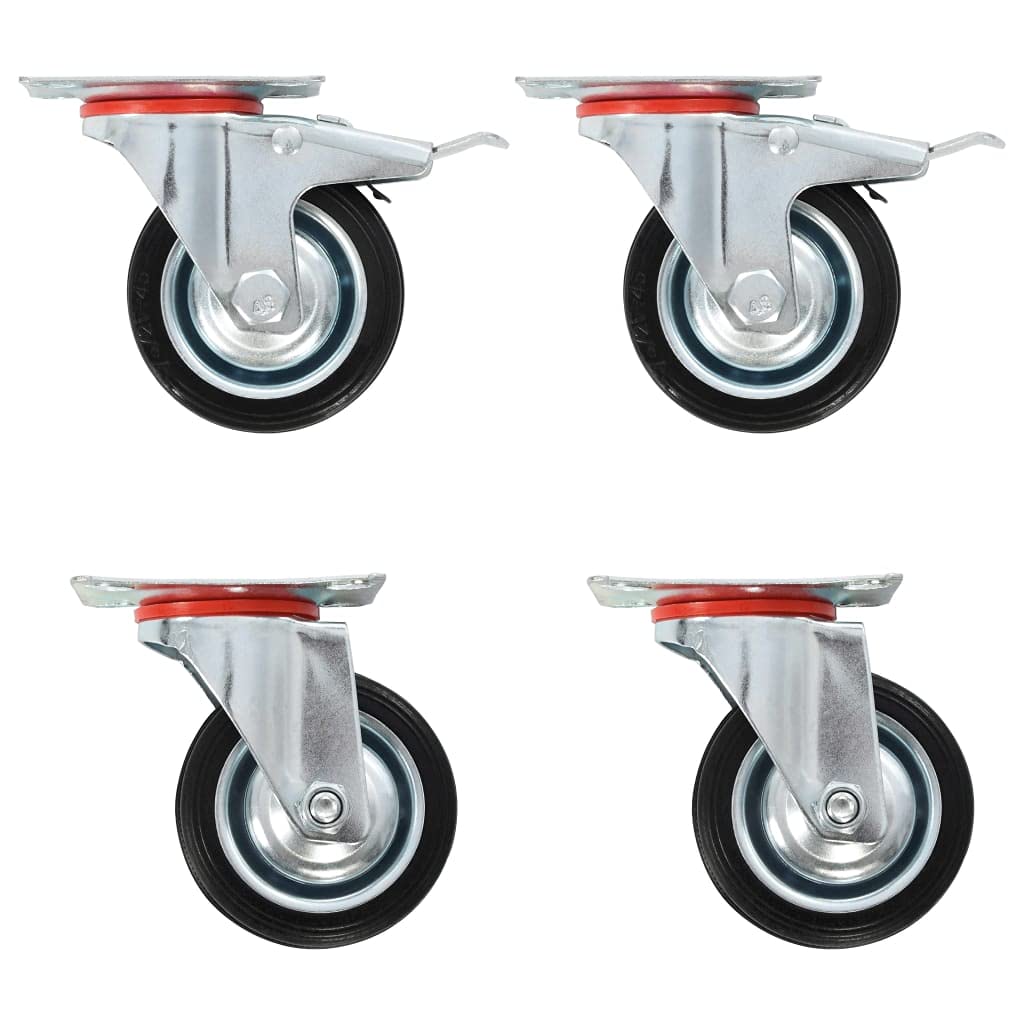 Lenkrollen Set 4 Stück 75 mm Gummi Eisen Zinkbeschichtung, 50 kg je Rolle, mit Doppelbremsen, für Werkbank Wagen Regal Transporttechnik Lagerlogistik