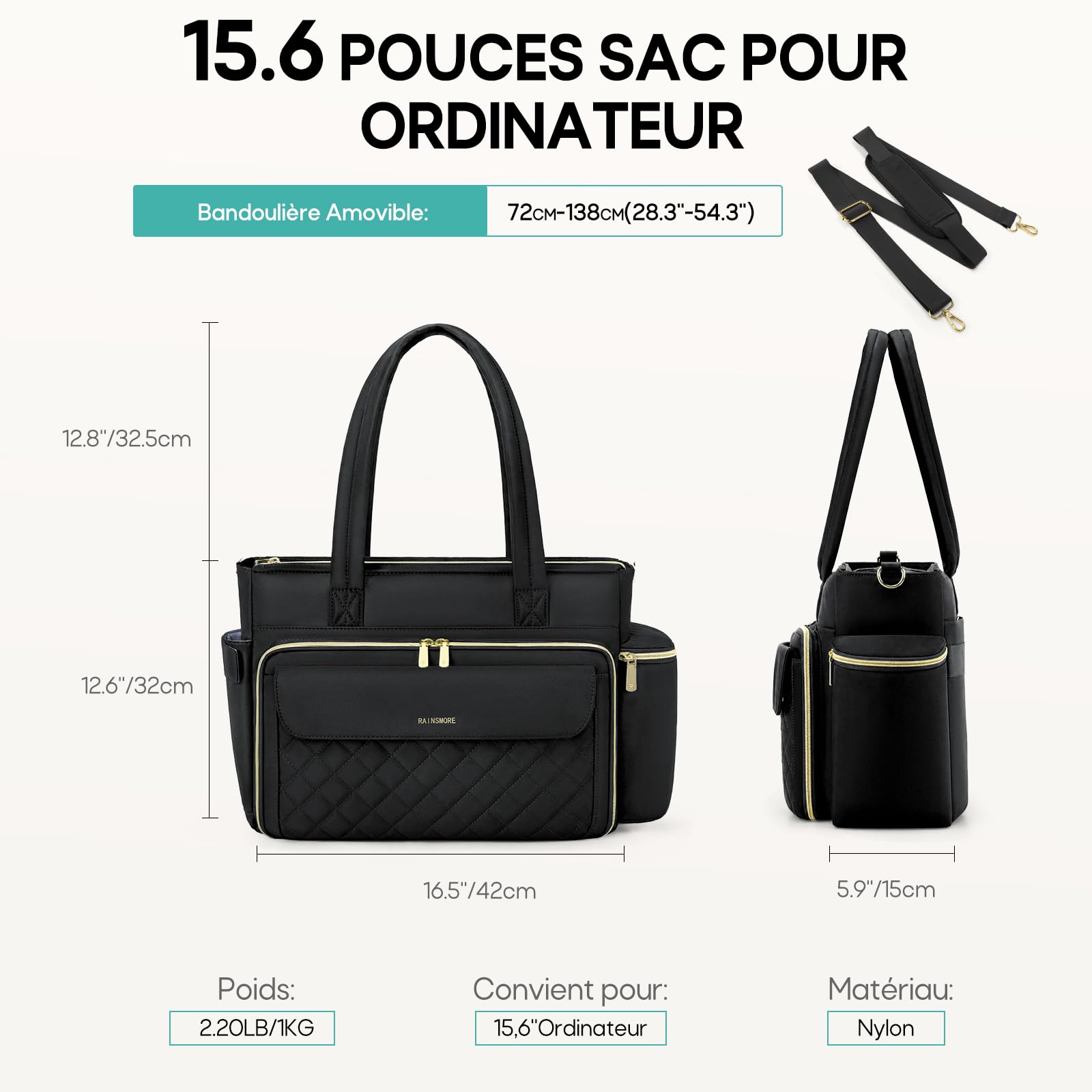 RAINSMORE Sac Ordinateur Femme Sac de Travail 15.6 Pouces, Noir