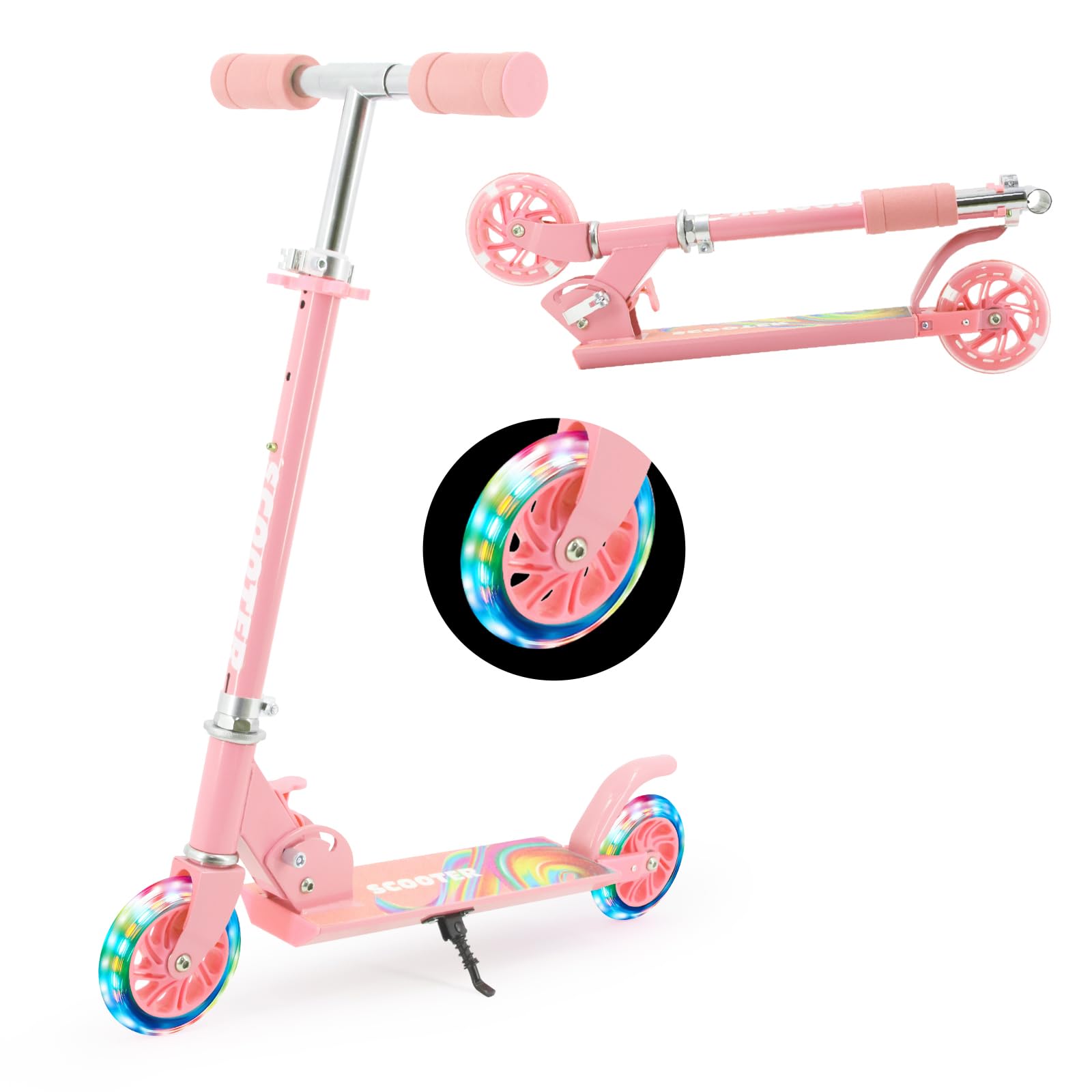 TENBOOM キックボード 子供 キッズ キッズスクーター 3～12歳子供用 2輪 LEDタイヤ 耐荷重50kg 幼児車 おもちゃ 折り畳み式 フットブレーキ ベビー プレゼントピンク