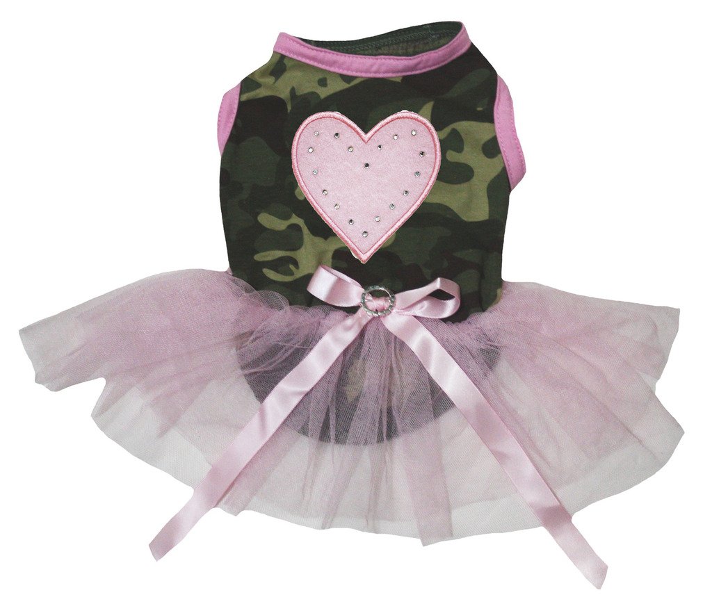 Robe pour chien motif cœur en coton camouflage et tutu rose