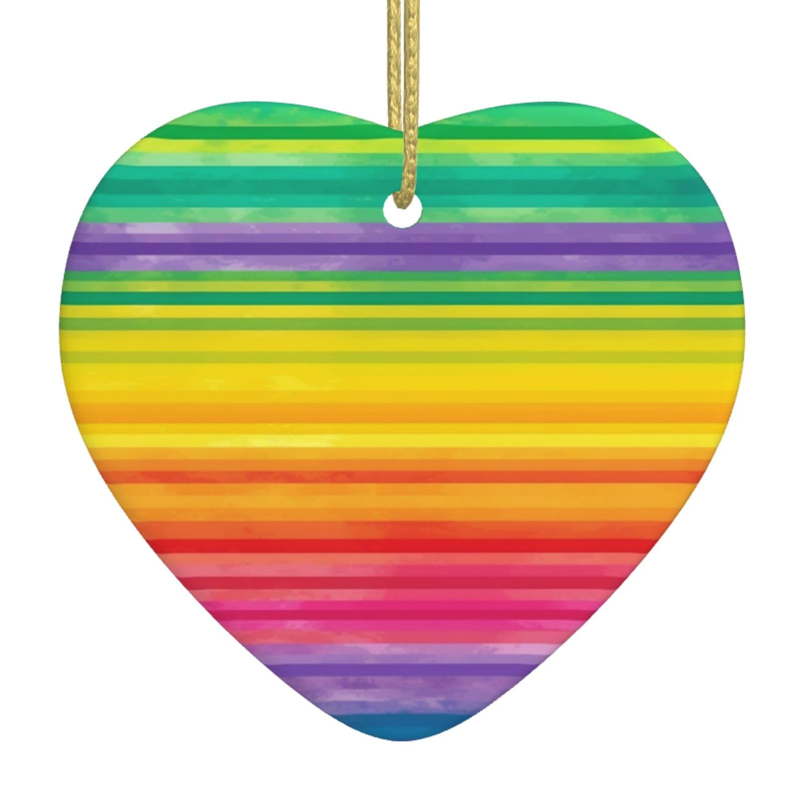 Rainbow Colored Striped Christmas Ornament 2025 Heart Ceramic Hanging Ornaments for Home Decor Christmas Decorations with Gold Rope Double-Sided Xmas Tree Ceramic Hanging for Holiday Party