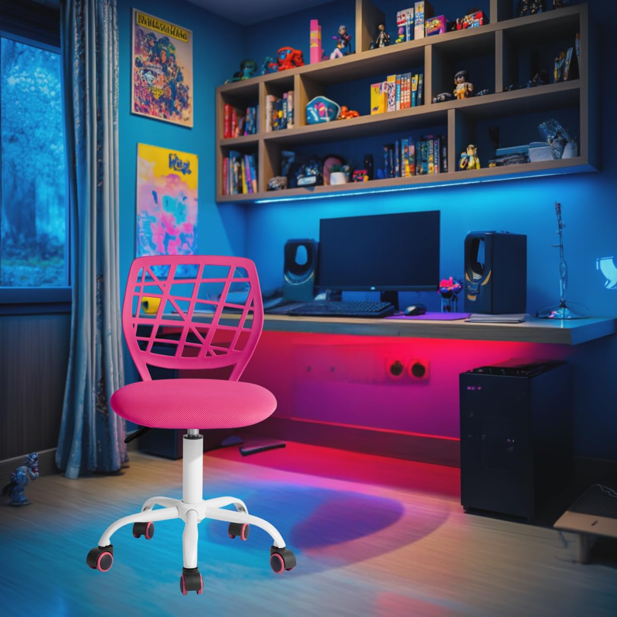 FurnitureR Compact Gaming Chair, Hollow PP Backrest, Adjustable Height, Ergonomic Swivel Sponge Seat, 5-Wheel Iron Base, for Teens & Kids Drawing, Gaming, Classroom, Deep Pink, 38.5 x 40 x 87 cm