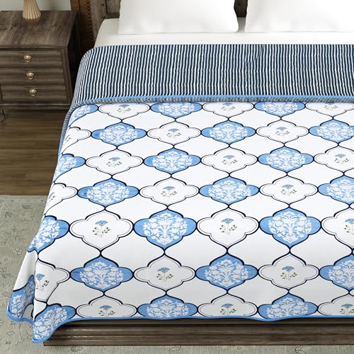 Image of BLOCKS OF INDIA 100% Cotton Dohar King Size Reversible Hand Block Printed Malmal Summer Dohar /Blanket (MUGHAL Blue)